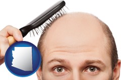 arizona map icon and a balding man brushing his hair