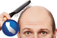 california map icon and a balding man brushing his hair