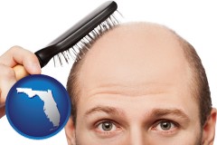 florida map icon and a balding man brushing his hair