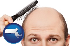 massachusetts map icon and a balding man brushing his hair