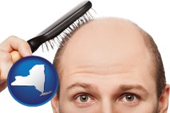 new-york map icon and a balding man brushing his hair