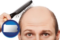 pennsylvania map icon and a balding man brushing his hair
