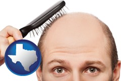 texas map icon and a balding man brushing his hair