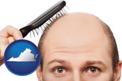 virginia map icon and a balding man brushing his hair