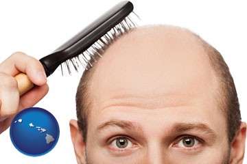 a balding man brushing his hair - with Hawaii icon